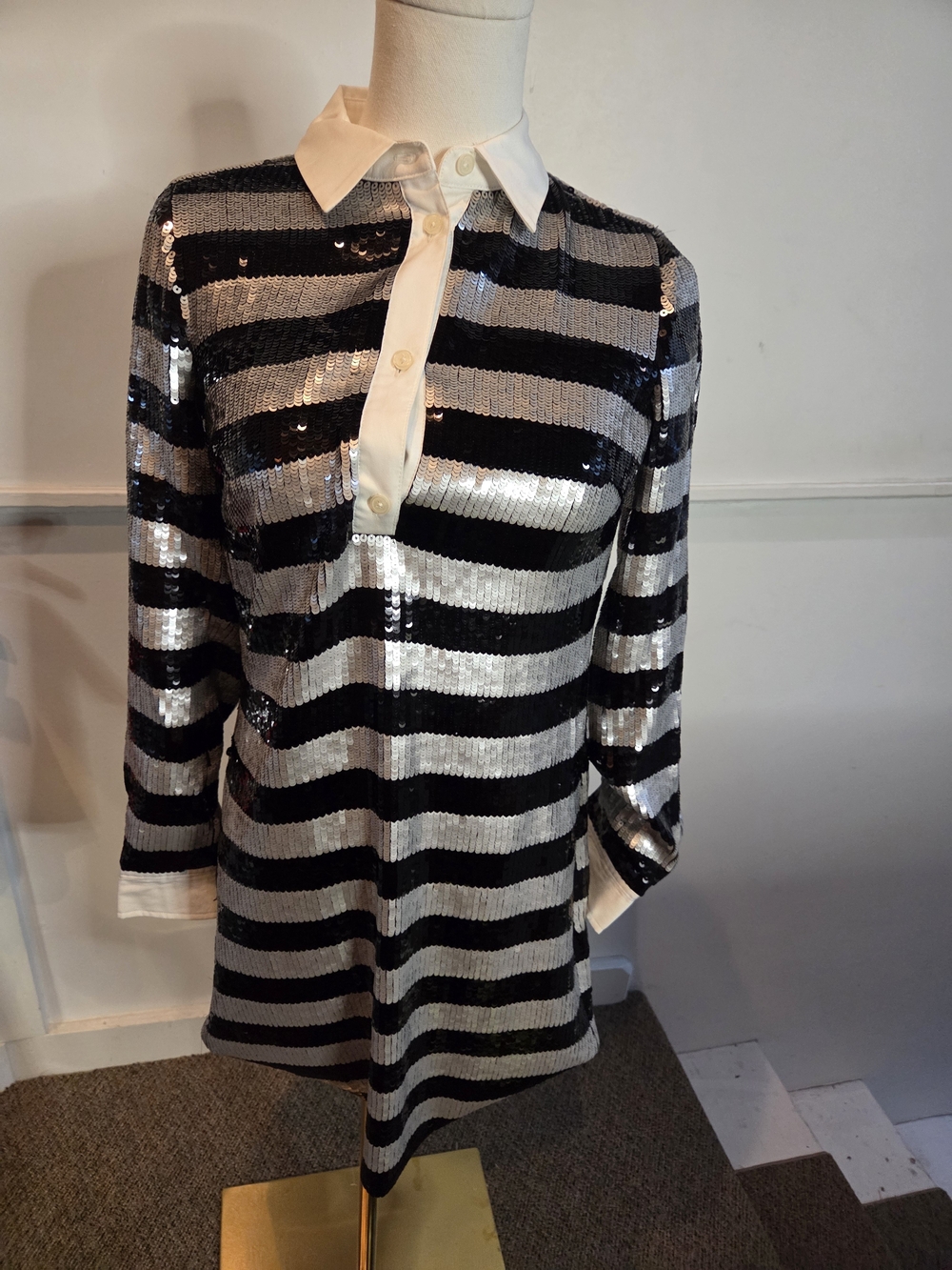 Michael Kors Black Silver Sequin Striped Shirt Dress Size 00 NWT
